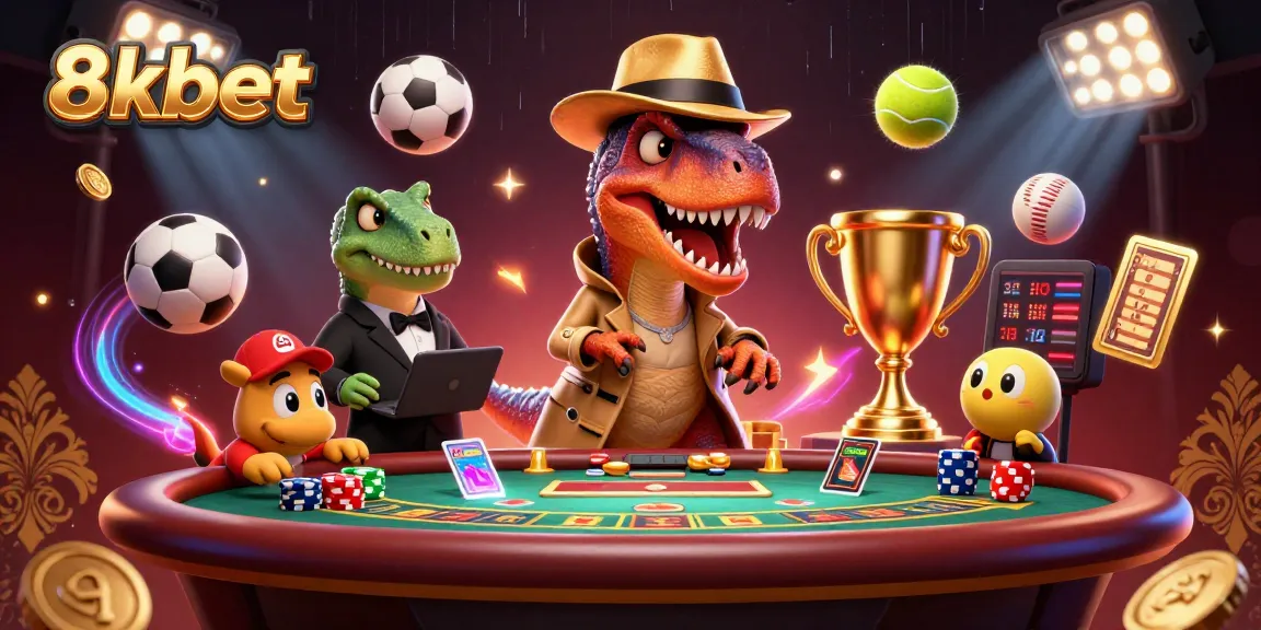 8xbet features a cartoon velociraptor card counter at a blackjack table with dynamic sports elements.