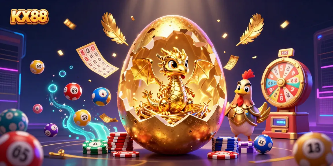 KX88 offers an exhilarating atmosphere with a golden dragon emerging from a nest of poker chips amidst a vibrant lottery scene.