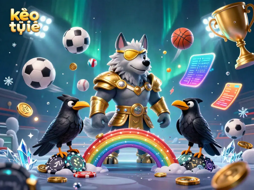 Engage with kèo trực tuyến action showcasing a Norse Odin wolf and ravens against a vibrant casino background.