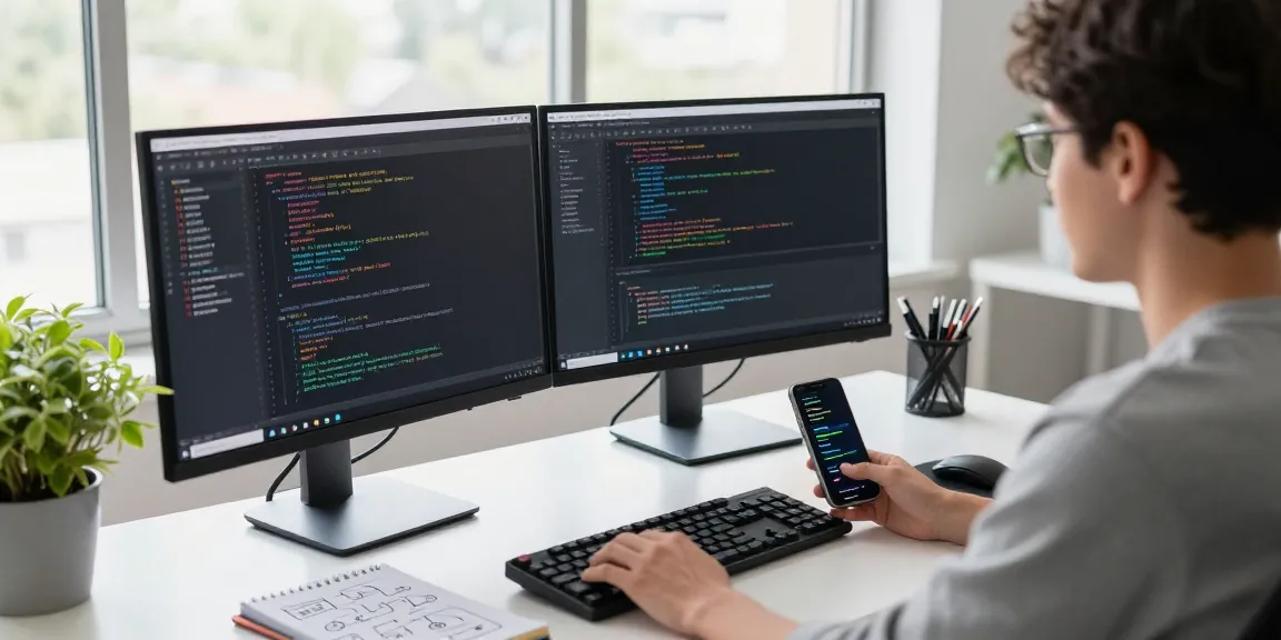 Focused developer optimizing 快连 software on dual monitors in a bright tech workspace.