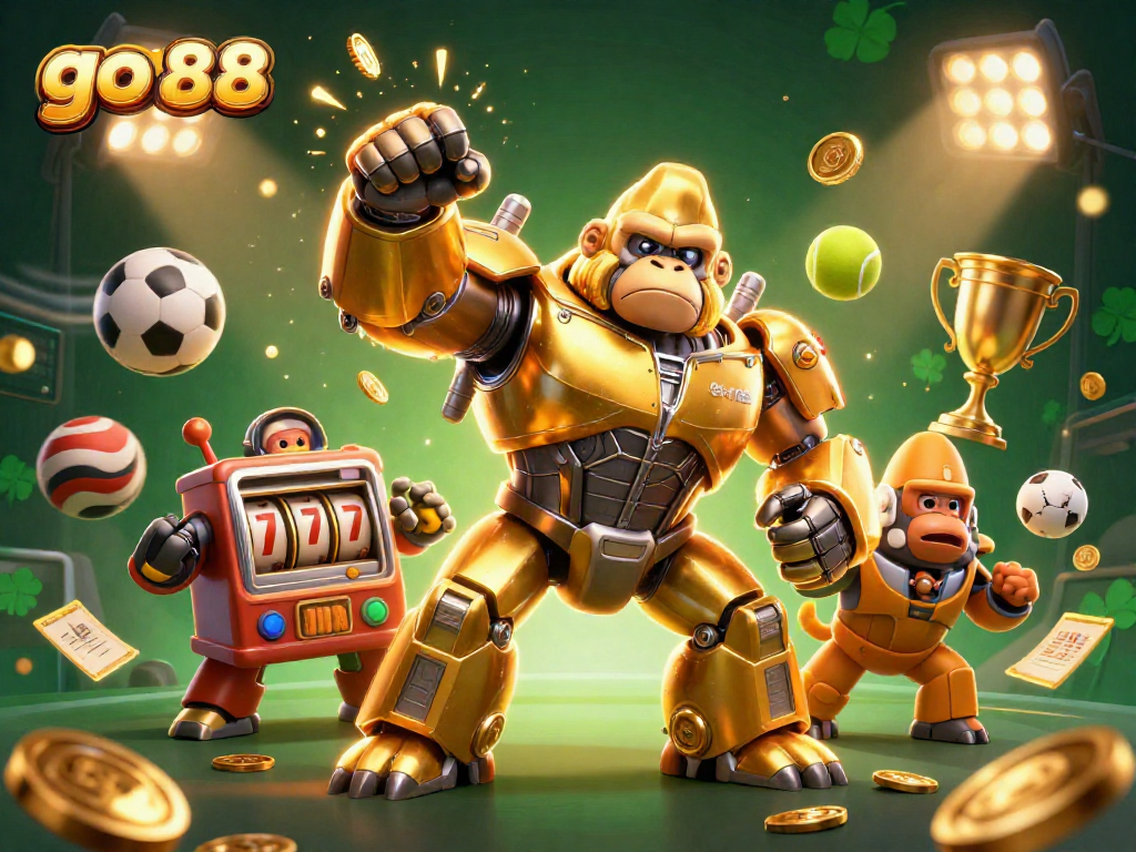 Experience the thrill of go 88 with a fun-filled 3D illustration showcasing a golden gorilla mech surrounded by sports elements and coins.