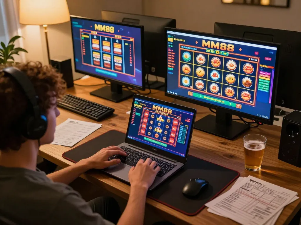 MM88 online gaming scene with player engaged in strategy, showcasing laptop screen and cozy atmosphere.