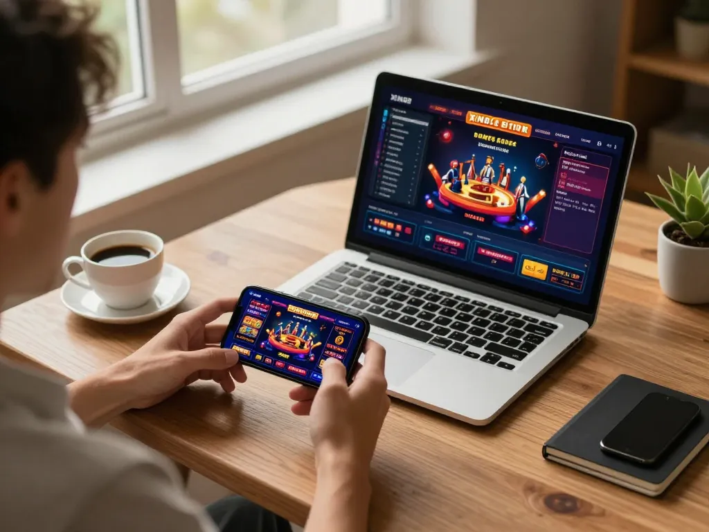 Player enjoying Xin88 mobile betting experience with tablet and laptop in cozy setting