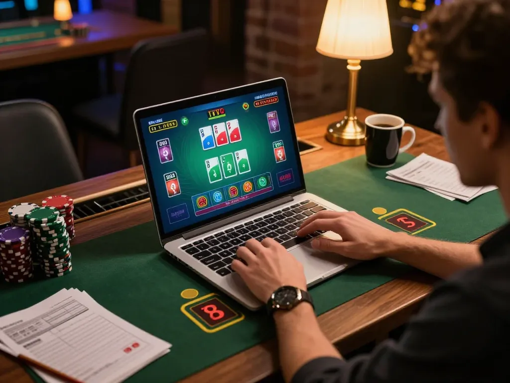 Player enjoying a live dealer game on mm88star, showcasing dynamic online gambling experience at home.