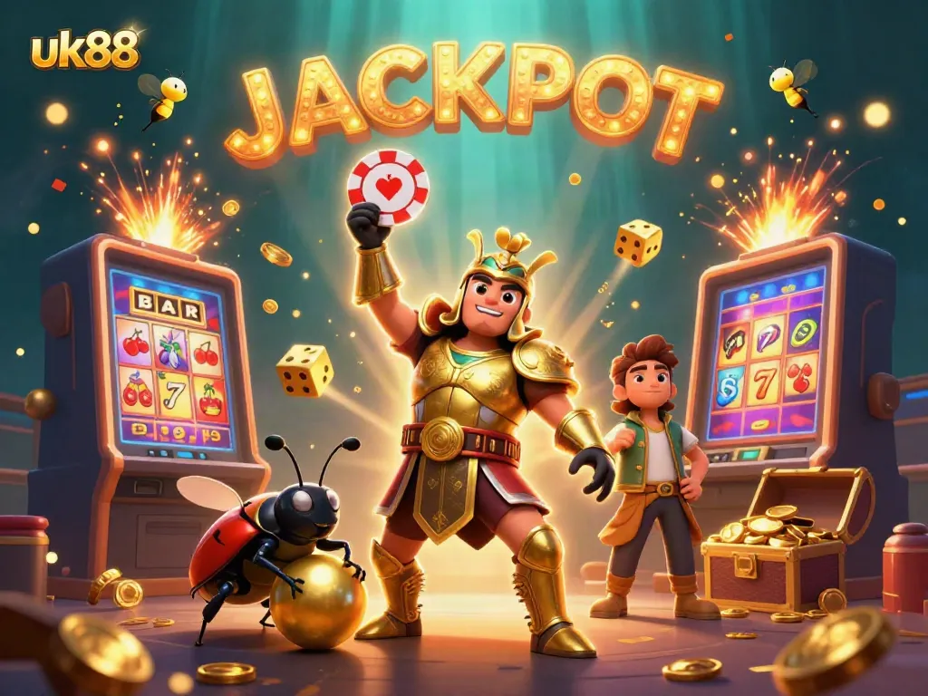 uk88 players celebrate a jackpot win with vibrant scenes of slot machines, fireflies, and victorious beetle characters