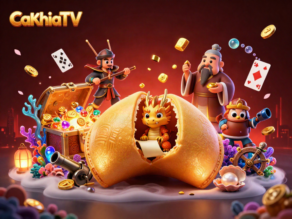 Join the CaKhiaTV adventure in this vibrant illustration featuring a lucky fortune cookie and casino elements.