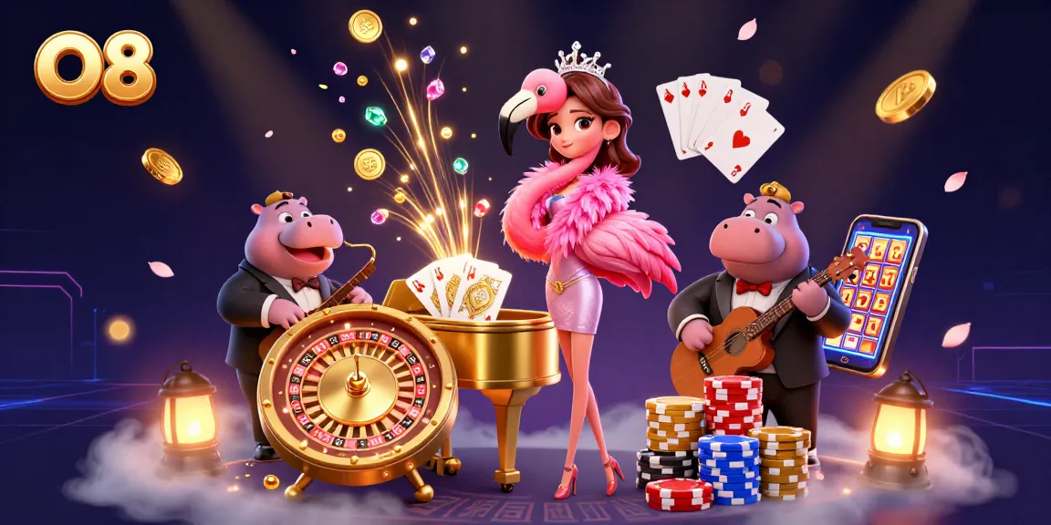 O8 casino experience showcases lively elements like flamingo singers, coins, and poker chips.