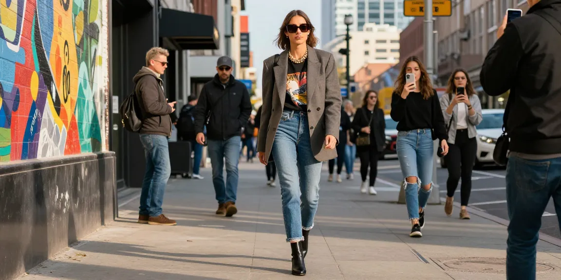 Dynamic fashion blog scene highlighting street style with trendy outfit and urban backdrop.