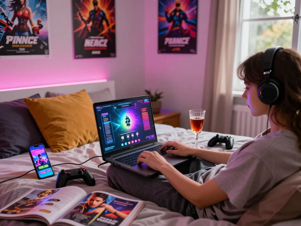 Immersive online porn games experience in a cozy bedroom with vibrant lighting.