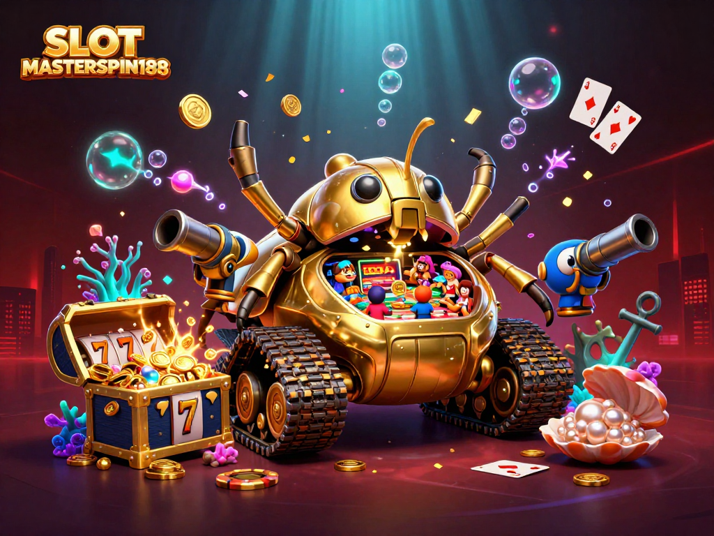Engage with the SLOT MASTERSPIN188 experience in a vibrant 3D casino scene featuring miniature games.