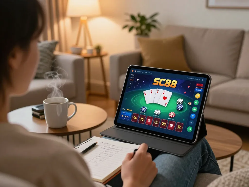 Engaging with the SC88 app for online gambling strategy at home in a cozy setting.
