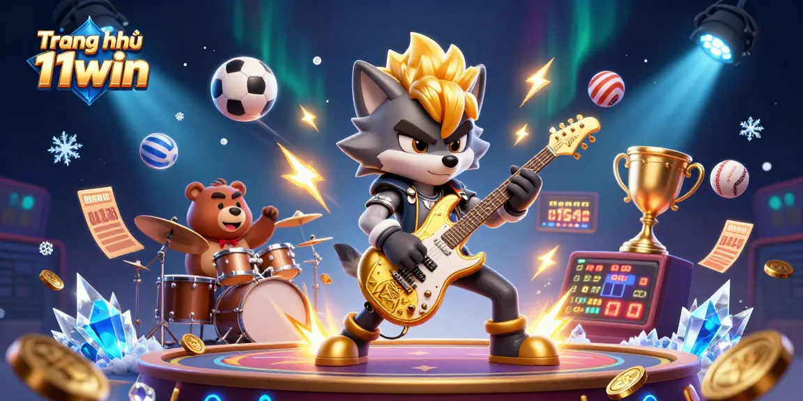 Engage with Trang chủ 11win as a 3D cartoon rock star wolf performs amidst vibrant casino energy.