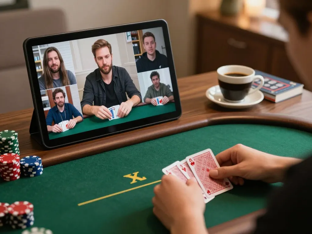 Players enjoying a strategic online poker game on 79win in a cozy home setting.