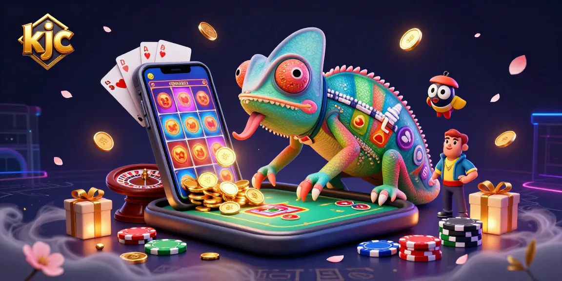 KJC's vibrant 3D illustration showcases a chameleon casino owner seizing coins and colorful gaming elements.