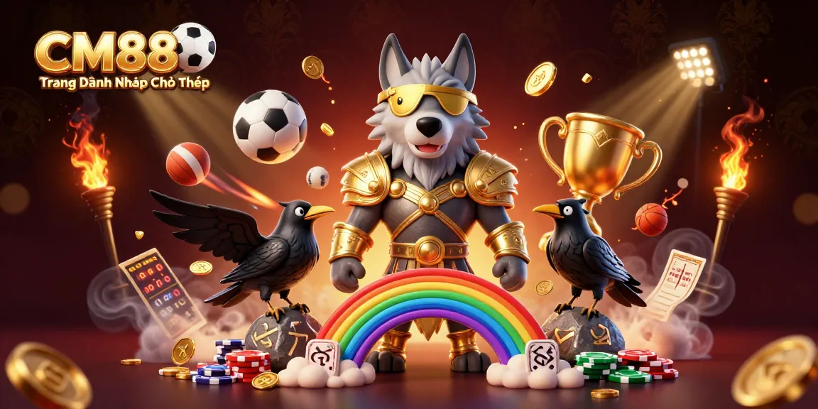 CM88 ⚽️ Trang Đăng Nhập Chính Thức showcasing an Odin wolf and ravens in a vibrant casino-themed scene.
