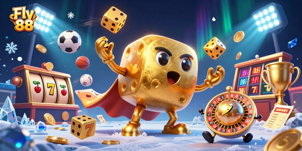 Fly 88 showcases a dynamic scene with gambling elements, golden dice, and festive excitement.