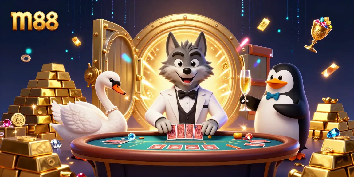 m88 offers thrilling baccarat with a debonair wolf dealer at an exciting casino scene.