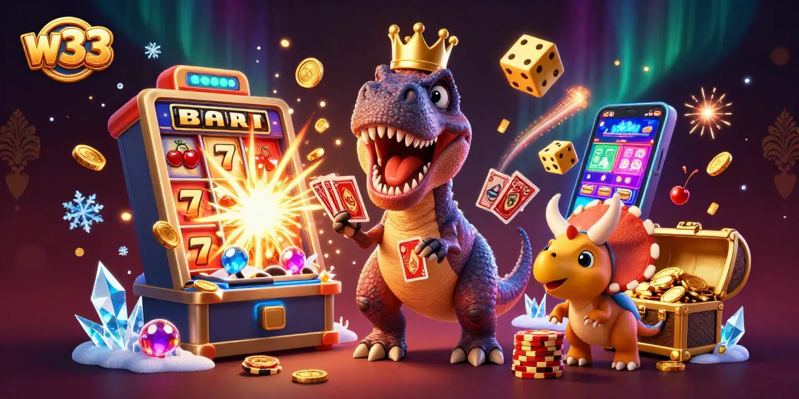Experience the excitement of w33 Casino with T-Rex, cards, and golden chips in a vibrant casino scene.