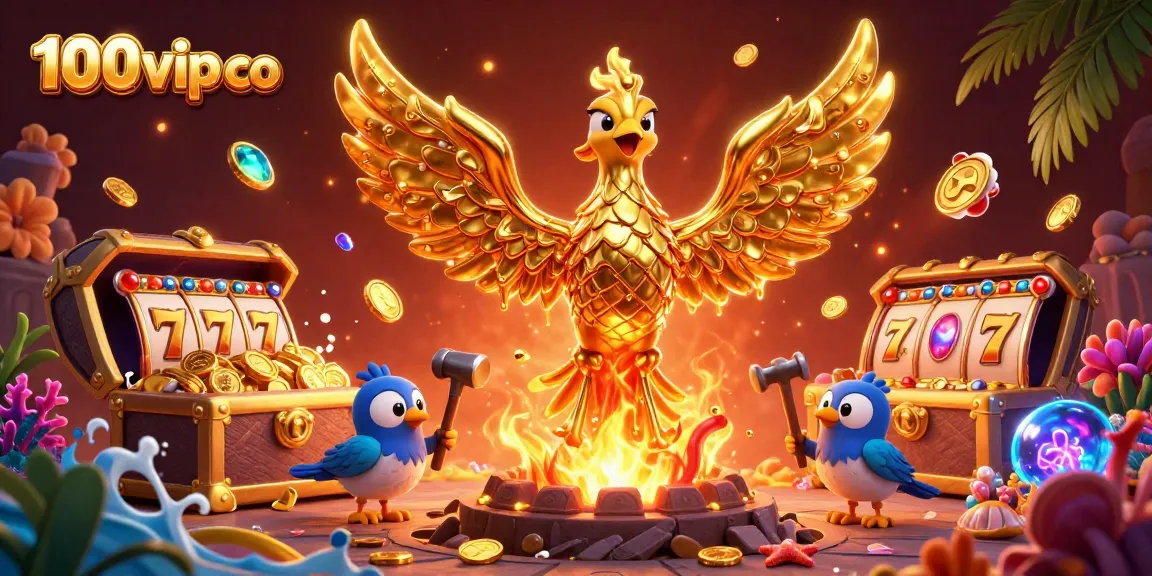 Experience rich gaming with 100vip co featuring a molten golden phoenix and vibrant casino elements.