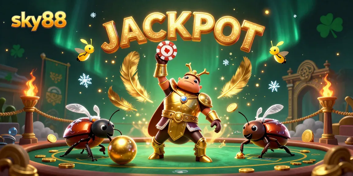 Experience the thrill with sky88, where a victorious beetle lifts a poker chip amidst a bustling casino scene.