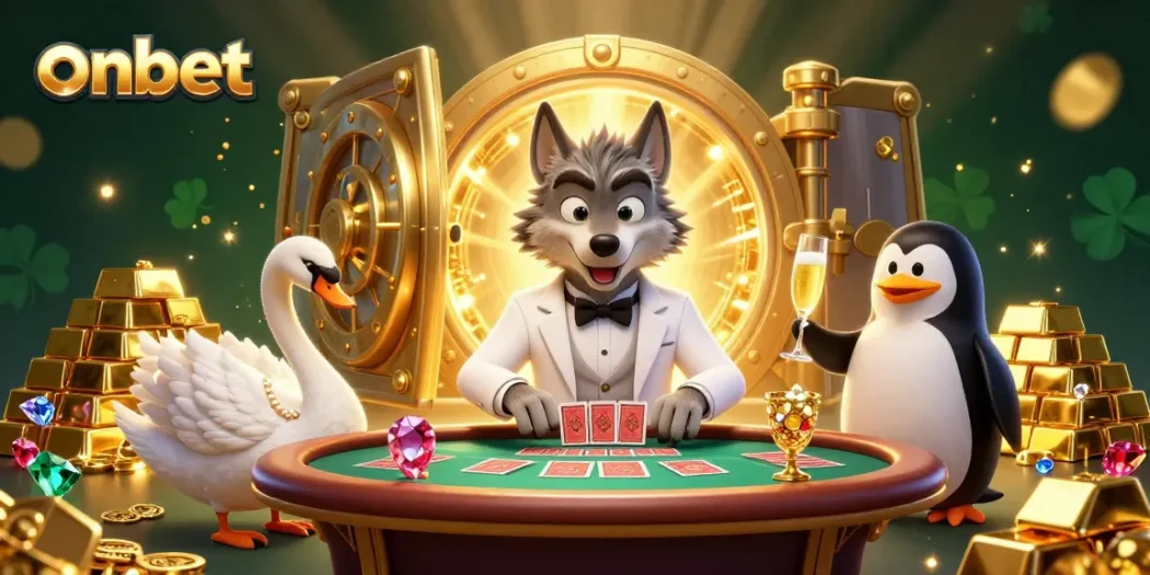Experience the thrill of onbet with vibrant casino action featuring a debonair wolf and elegant characters.