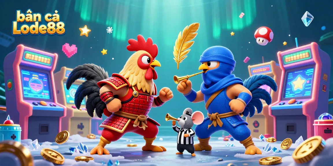 Engage in thrilling bắn cá Lode88 action with dynamic roosters and arcade game elements in a spectacular scene.