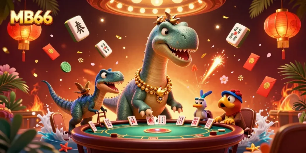 Experience thrilling gaming moments at MB66 with vibrant 3D illustrations of brontosaurus and clever raptor.