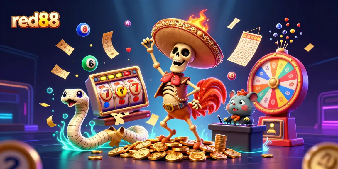 red88 slot scene with a joyful mariachi rooster and a DJ hamster in a colorful jackpot celebration