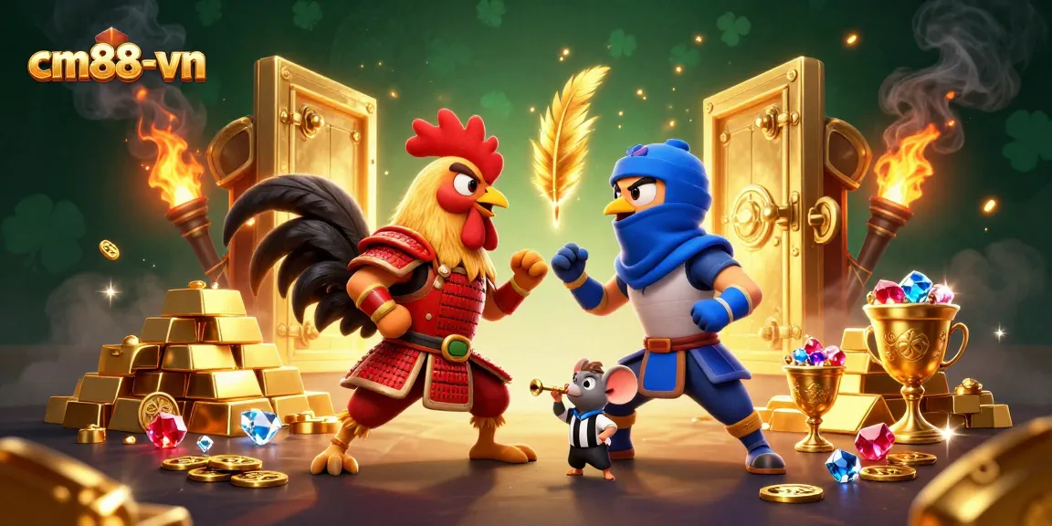Engage with thrilling gameplay at cm88-vn as fighting roosters clash amid a treasure vault bursting with riches.