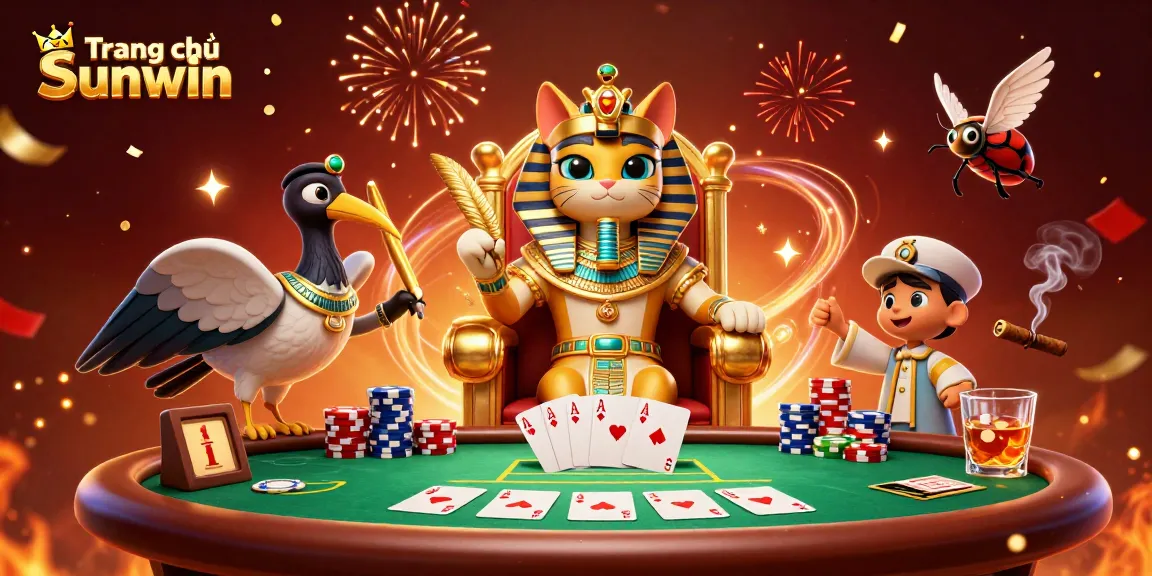 Playing at Trang chủ Sunwin features energetic characters, poker action and festive decorations in a vibrant casino scene.
