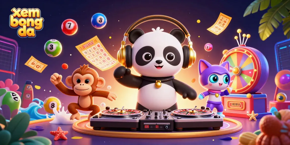 Xem bong da action-packed scene featuring a DJ panda, dancing monkey, and rave kitten amidst vibrant casino elements.