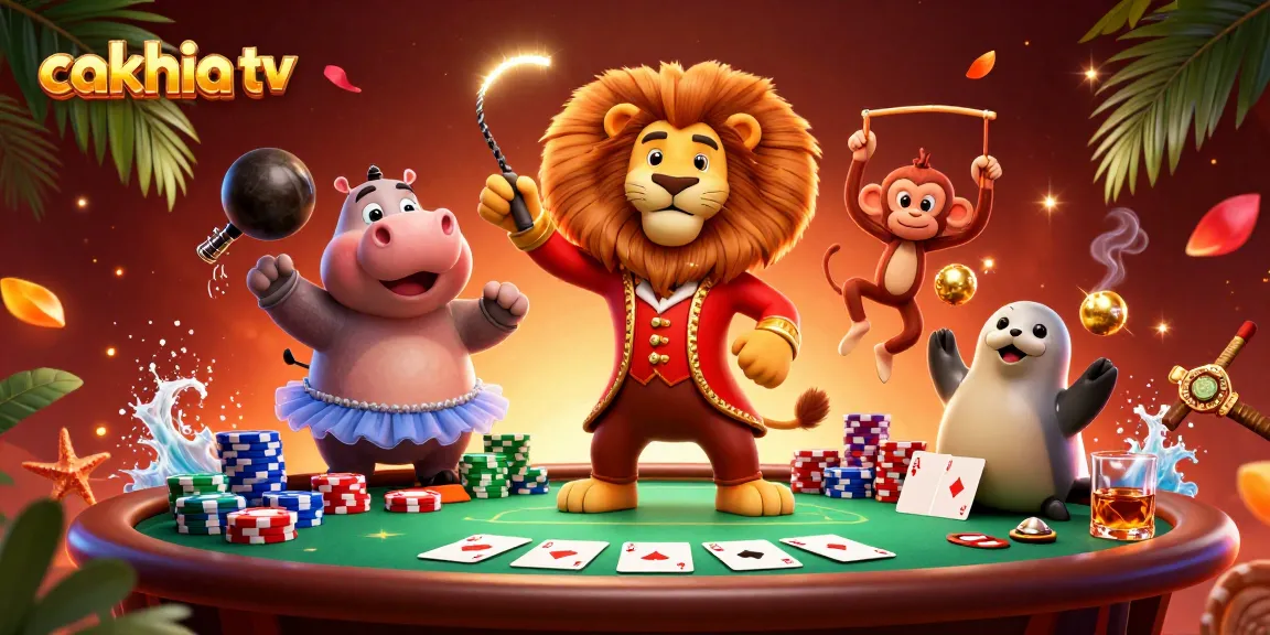 Cakhia TV showcases live betting excitement with vibrant circus characters amidst poker elements.