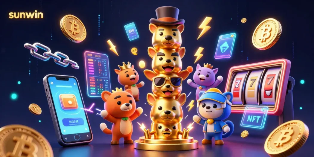 Experience the excitement at sunwin with vibrant 3D illustrations of jackpot slots and crypto elements.