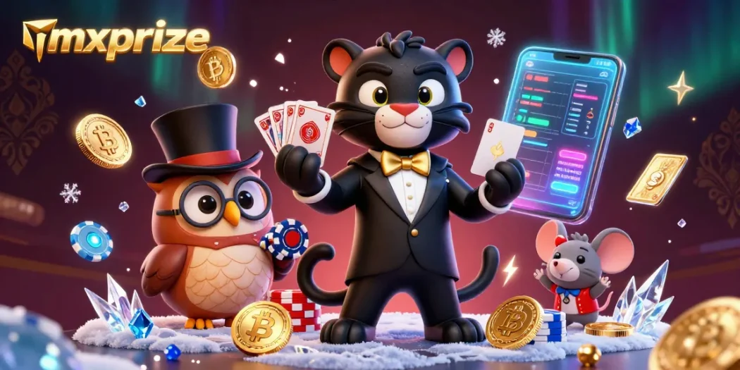 Experience exciting gaming adventures with mxprize featuring a stylish blackjack dealer, poker elements, and vibrant crypto icons.