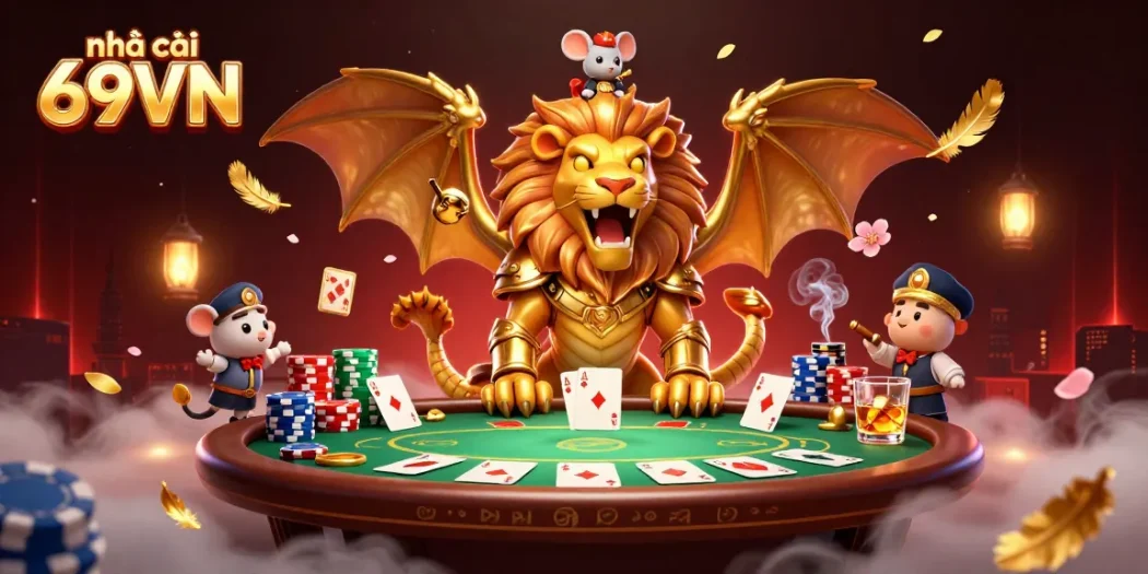 Play exciting games at nhà cái 69VN, featuring dynamic poker scenes and vibrant casino elements.