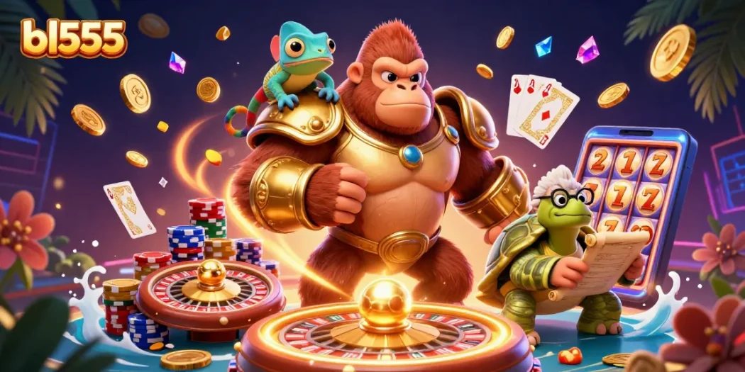Experience thrilling action at BL555 with a gorilla king and casino elements.