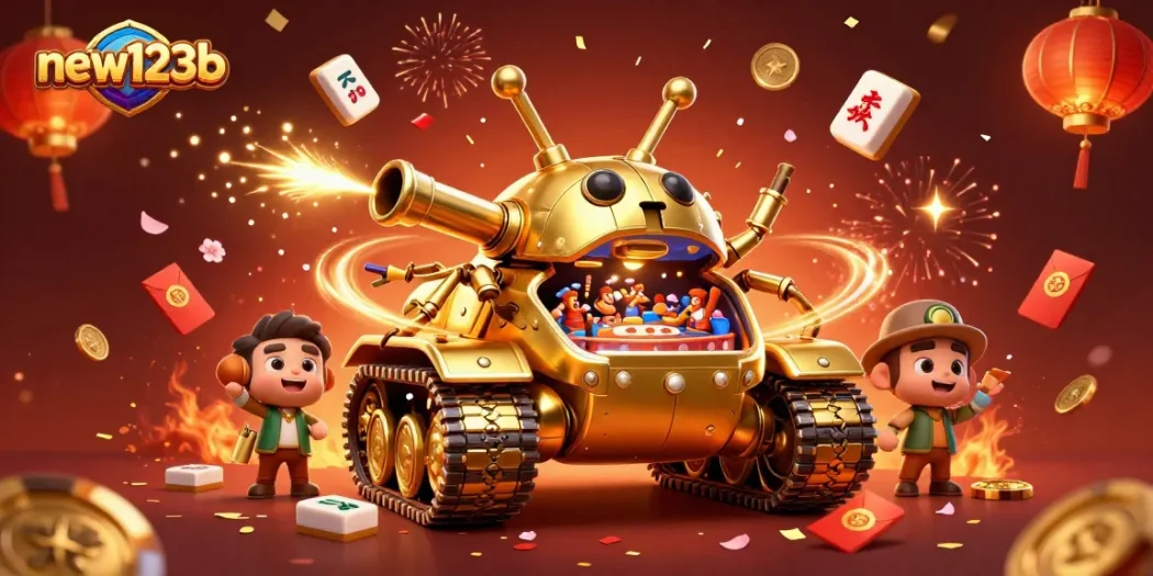 Experience the thrill of new123b with a lively 3D casino scene filled with festive elements and action.