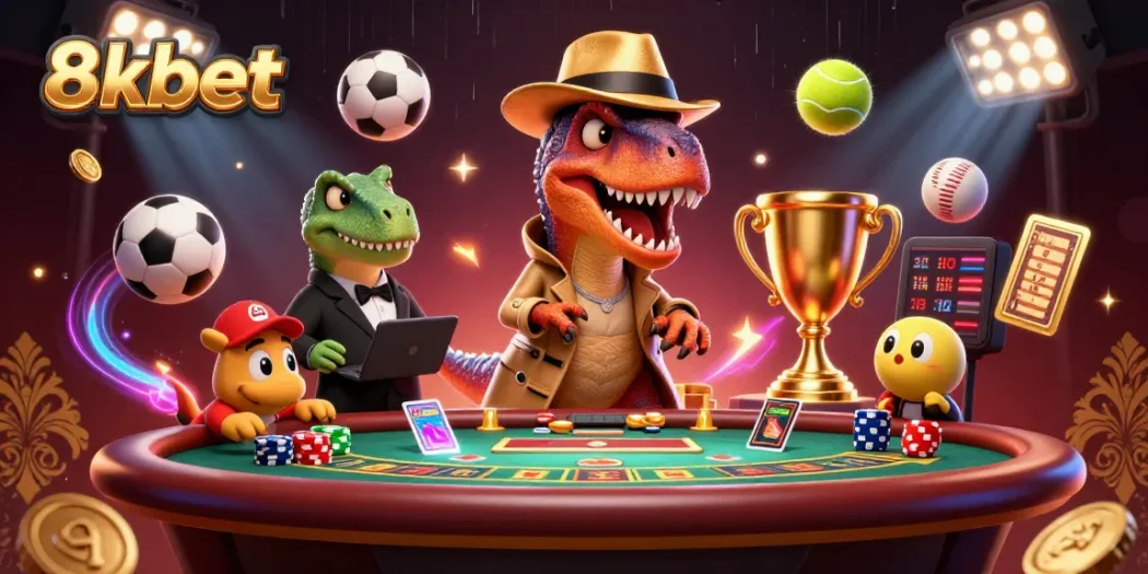 8xbet features a cartoon velociraptor card counter at a blackjack table with dynamic sports elements.